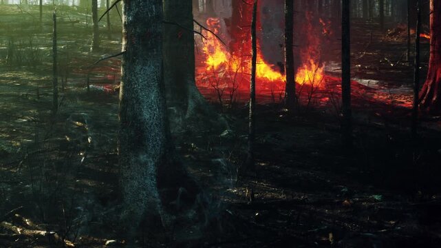 Destructive wildfire sweeping through dense woods, burning trees and spreading thick smoke through the forest floor
