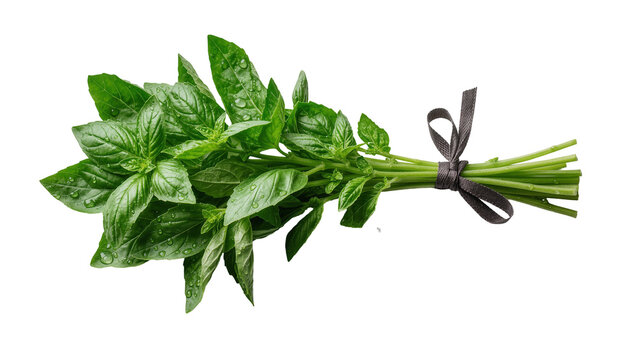 Isolated fresh green basil leaves bouquet with morning dew drops tied with a dark brown ribbon