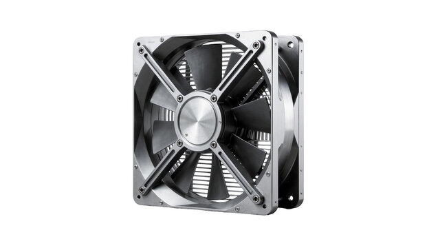Isolated powerful high-performance computer cooling fan with metallic frame and dark blades