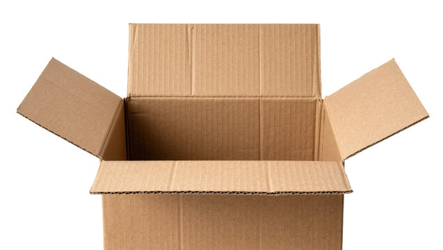 Isolated open empty corrugated carton box with top flaps ready for product packaging