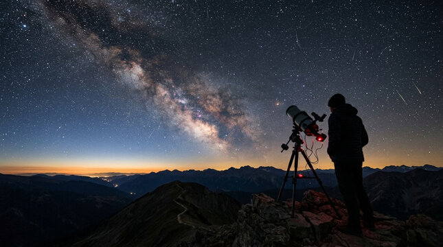 Silhouette of a man with telescope observing Milky Way on mountain