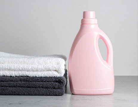 Pink laundry detergent bottle beside neatly folded towels