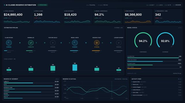 Ai claims reserve estimation dashboard for total reserve, open claims, average estimate, model confidence, pipeline stages for data analytics finance