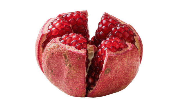Isolated fresh ripe red pomegranate cut open to reveal juicy arils and healthy seeds