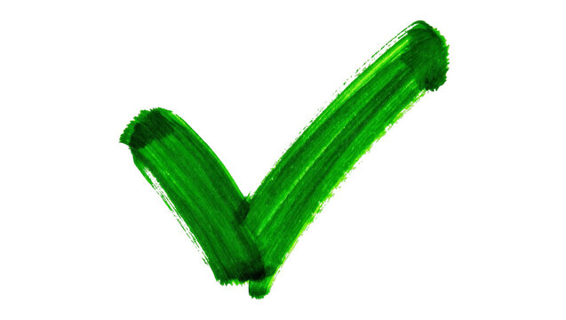 Isolated green checkmark symbol, hand-drawn brush stroke, and P 16 text on black banner