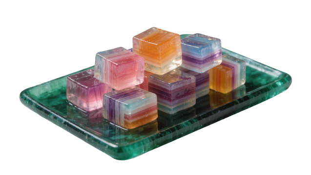 Isolated vibrant rainbow fluorite crystal cubes stacked on a polished green mineral tray.