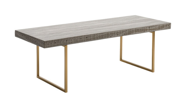 Isolated rustic modern console table with weathered gray wood top and sleek gold legs