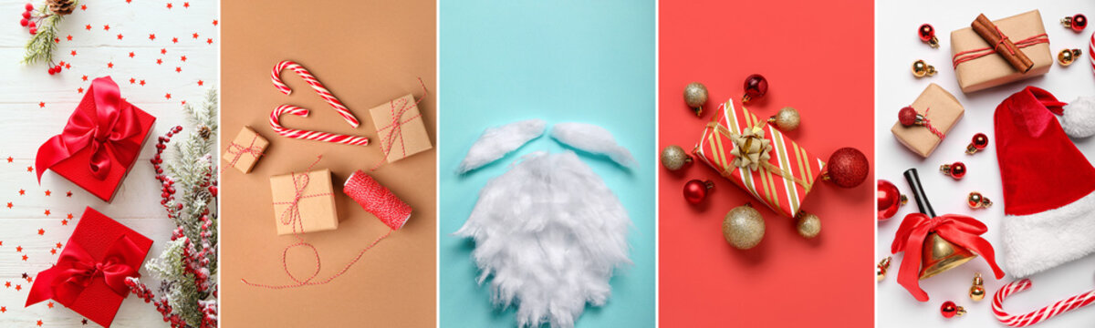Collage with different Christmas decorations and gifts on color background