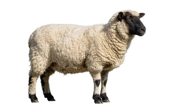 Isolated black-faced domestic sheep standing on a plain background, livestock farm animal