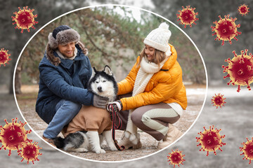 Pandemic lifestyle and pet care, couple with husky dog during winter season with virus protection in outdoor park setting © Pixel-Shot