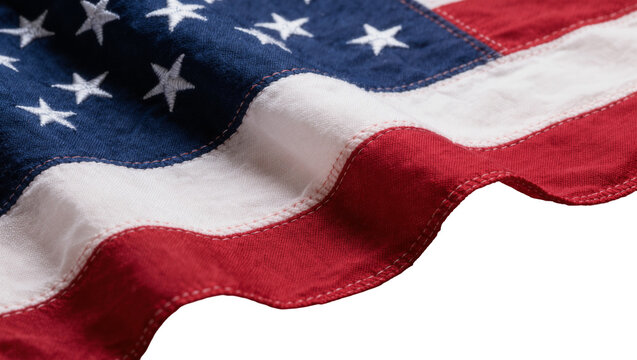 Isolated American flag close up with embroidered stars and red white blue fabric texture for patriotism