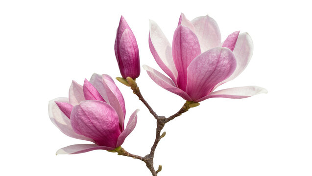 Isolated beautiful pink magnolia flowers, one blooming and one bud, on a brown stem.