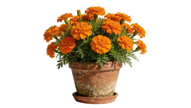 Isolated blooming vibrant orange marigold flowers in a weathered terracotta pot with saucer