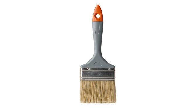 Isolated new clean painting brush with natural bristles and ergonomic orange grey handle