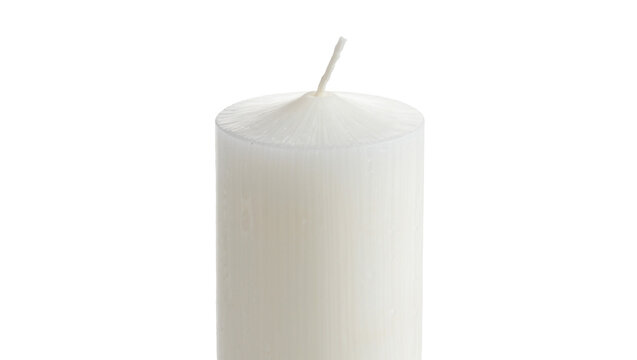 Isolated white pillar candle, new and unlit, perfect for home decor, ambiance, or holiday celebrations.