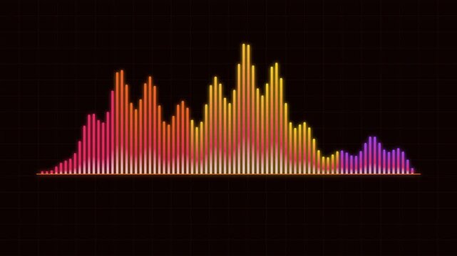 Audio spectrum equalizer glowing on a dark background, dynamic sound wave visualization displaying rhythm, frequency, and beats for music production, electronic media, and digital broadcast projects