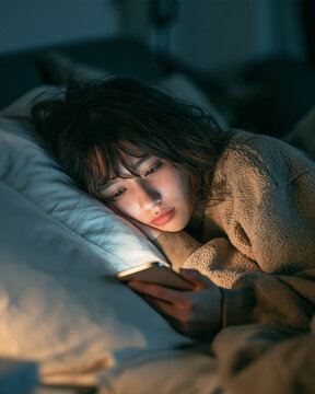 ベッドの中でSNSを見続け睡眠不足と疲労を抱える若者の現代的な生活習慣イメージ