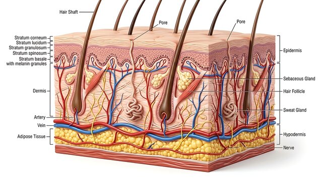 Detailed 3D Anatomical Cross Section of Human Skin Layers with Epidermis Dermis and Hypodermis