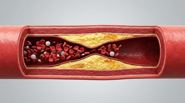 3D Illustration of Atherosclerosis Showing Cholesterol Plaque Buildup in Artery Blocking Blood Flow