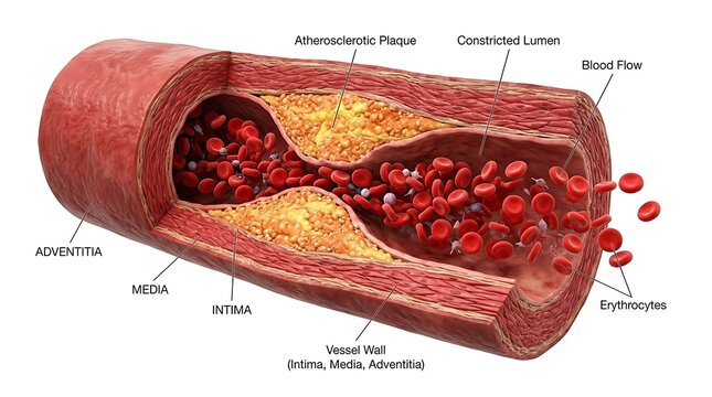 3D Illustration of Atherosclerosis with Plaque Buildup Constricting Blood Flow in a Human Artery