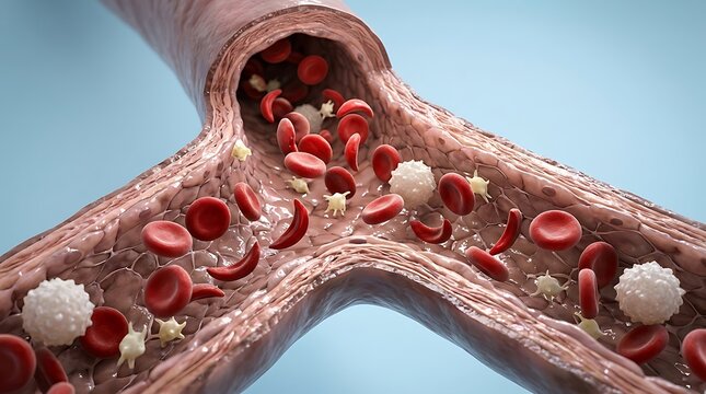 3D Illustration of Sickle Cell Anemia Showing Crescent Shaped Red Blood Cells Inside a Blood Vessel