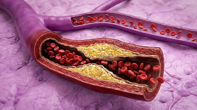 Atherosclerosis showing fat and cholesterol plaque buildup in artery narrowing blood flow 3D render