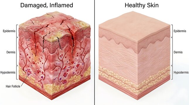 3D Cross Section Comparison of Healthy Skin and Damaged Inflamed Skin Layers Medical Anatomy Diagram