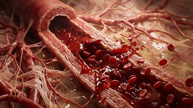 Detailed 3D Medical Illustration of Red Blood Cells Flowing Through a Human Artery and Vein System