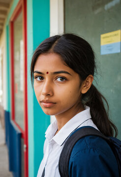 young indian teenage girl with a bindi wearing a white uniform shirt and blue backpack standing in a school corridor