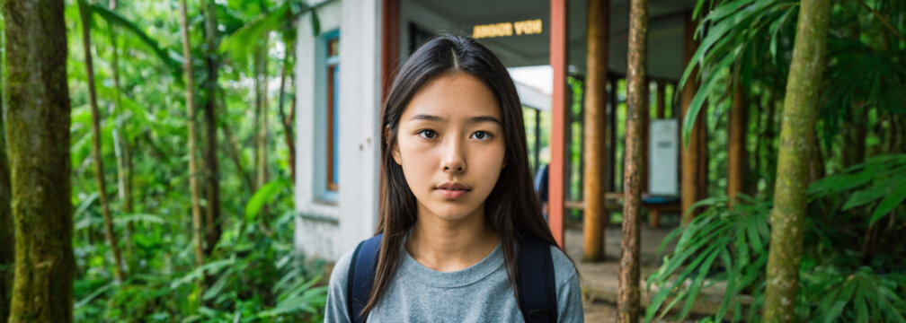 young asian teenage girl with long dark hair wearing a grey t shirt and backpack standing outdoors near tropical trees and school building