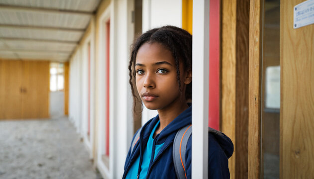 young black teenage girl with braided hair wearing a blue hoodie jacket standing in a school building corridor