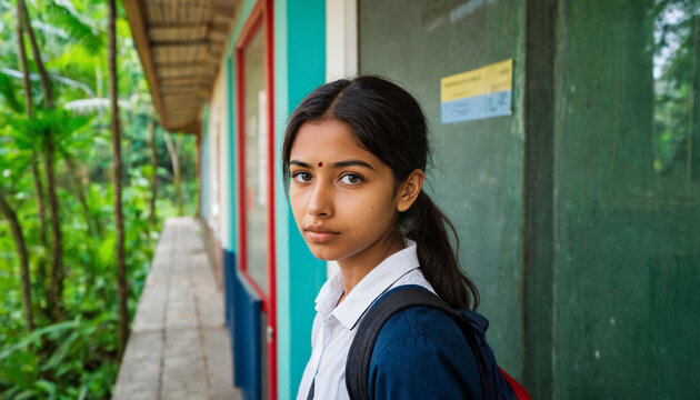 young indian teenage girl with a bindi wearing a white uniform shirt and backpack standing outdoors in a school hallway near greenery