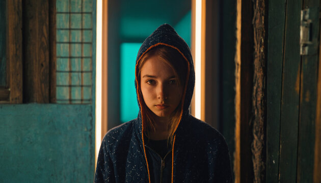 young caucasian teenage girl wearing a dark hooded jacket looking with a serious hopeless expression in a dimly illuminated doorway