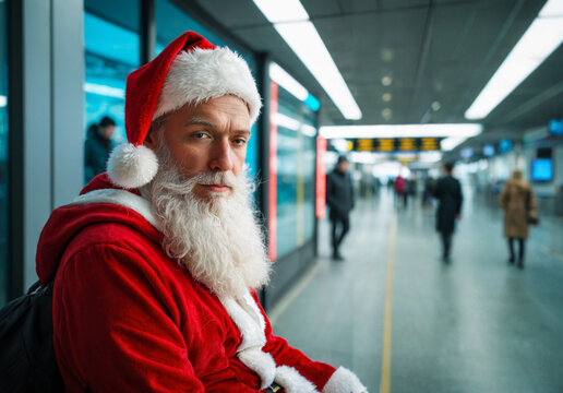 senior old man wearing a red santa claus costume with a white beard sitting at a modern transit station terminal