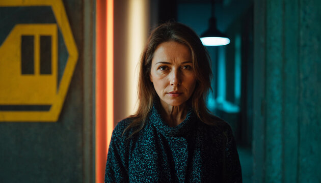 mature middle aged woman with dark hair wearing a dark textured sweater looking with a serious tired facial expression in a lit room