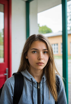 young caucasian teenage girl with long hair wearing a grey zip up hoodie jacket standing outdoors near a school entrance doorway