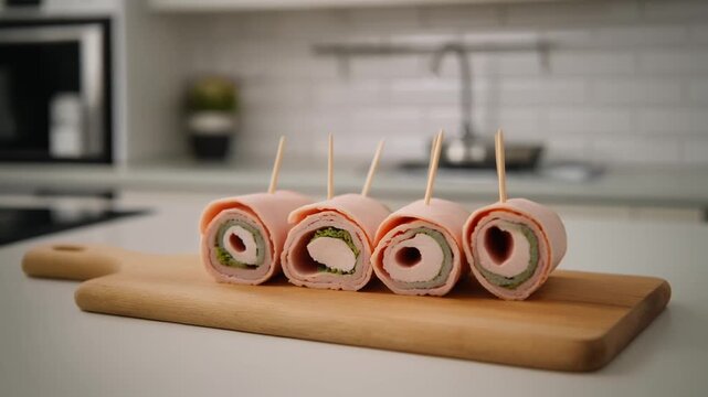 Ham and cheese roll ups with toothpicks on a wooden cutting board kitchen
