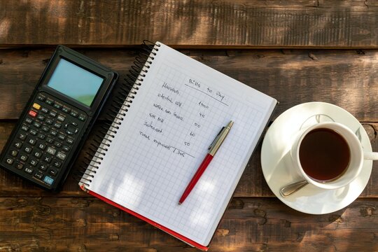 Top view of finance notebook with calculator and coffee cup on wooden table