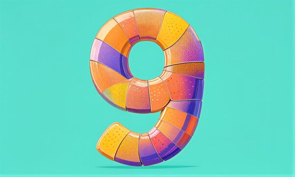 Vibrant, textured number nine with purple and orange segments against teal background.