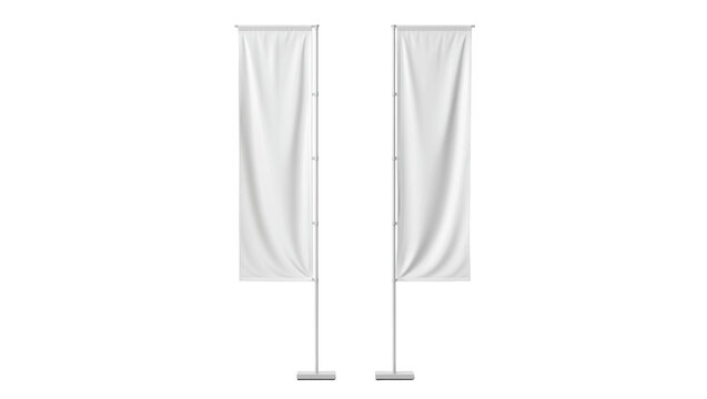 Isolated two white blank vertical flag banners on stand, modern marketing and advertising mockup