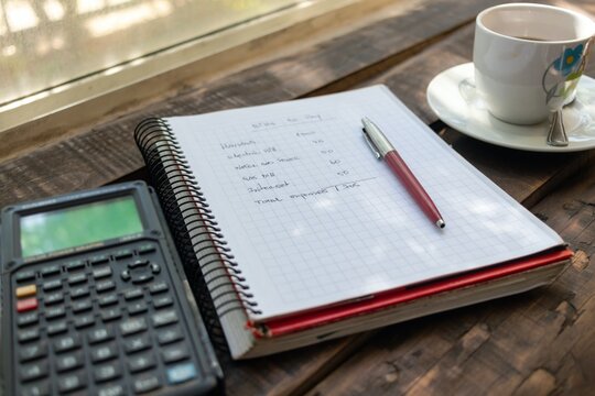 Finance notebook with calculator and coffee cup on wooden table