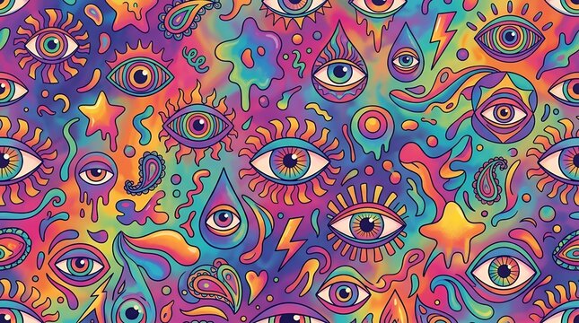 Hypnotic multicolored pattern featuring vibrant optical eye motifs and playful colorful shapes creating a cheerful surreal visual background psychedelic rainbow eyes abstract colorful background