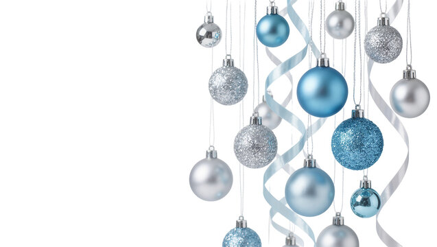 Isolated Christmas tree decorations silver blue glitter baubles hanging light blue ribbons.