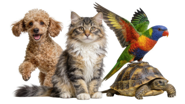 Isolated group of domestic pets a happy dog, fluffy cat, colorful parrot and tortoise