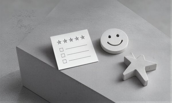 Black and white image of rating form, smiley face, and star symbol.