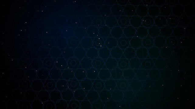 A dark futuristic background featuring a subtle geometric hexagon pattern and faint glowing particle dust drifting across a deep blue gradient surface.