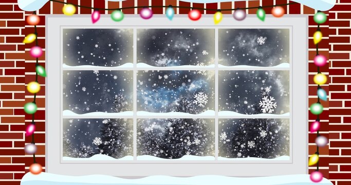 Framing white nine-pane window on brick wall, heavy snow swirling outside colored lights glowing