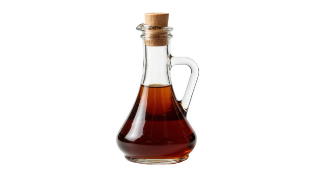 Isolated glass cruet bottle with cork stopper filled with amber liquid for cooking or dressing