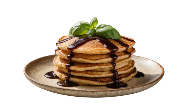 Isolated golden brown pancakes stacked high with decadent chocolate syrup and fresh basil garnish