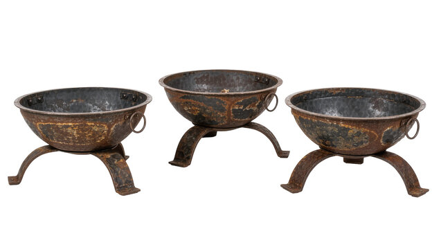 Isolated trio of rustic weathered metal bowls with three legs, antique style outdoor decor